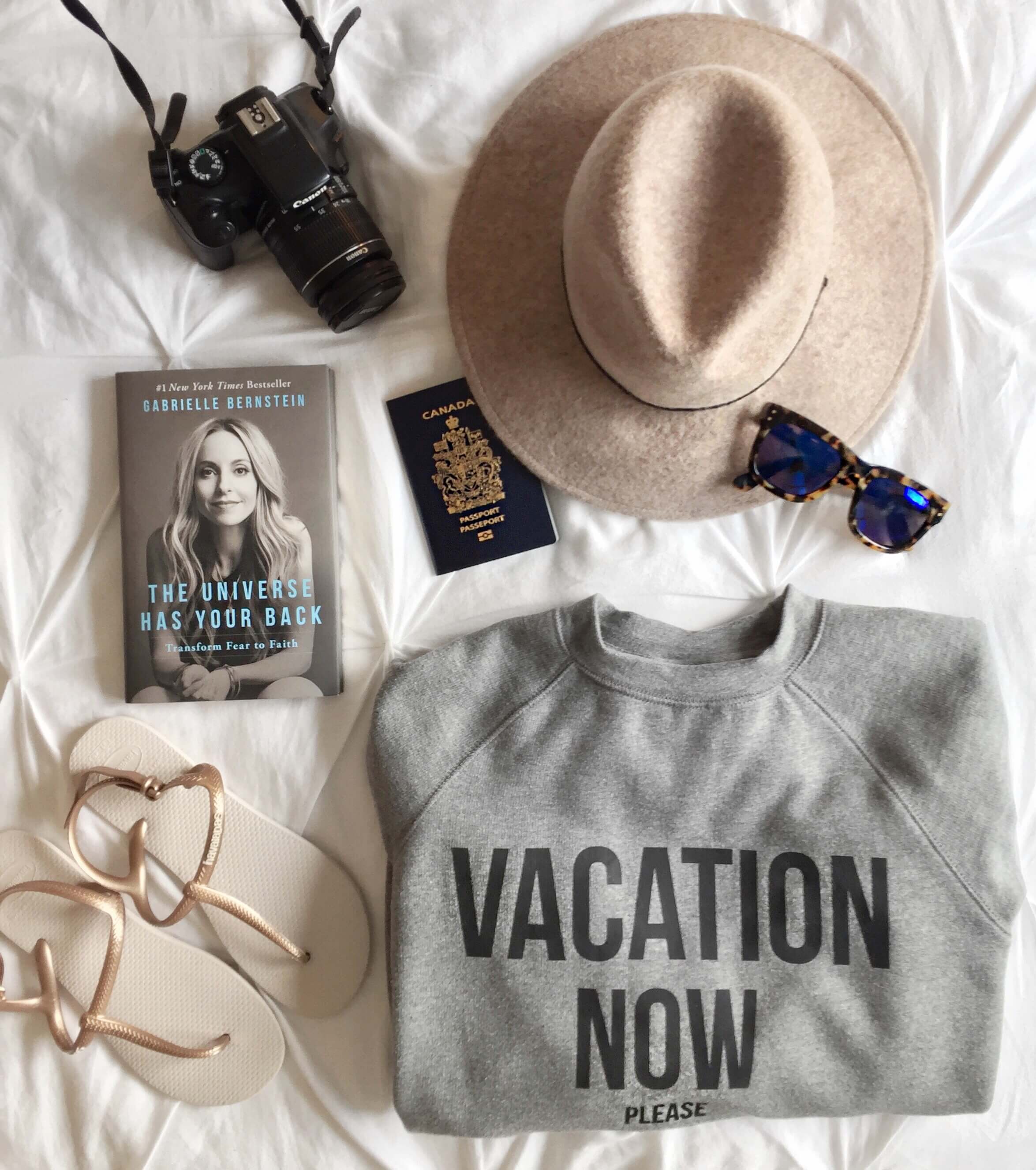 A flat lay from a girl packing up for Palm springs. Items include a hat, book, sunglasses, passport, sandals and hat.
