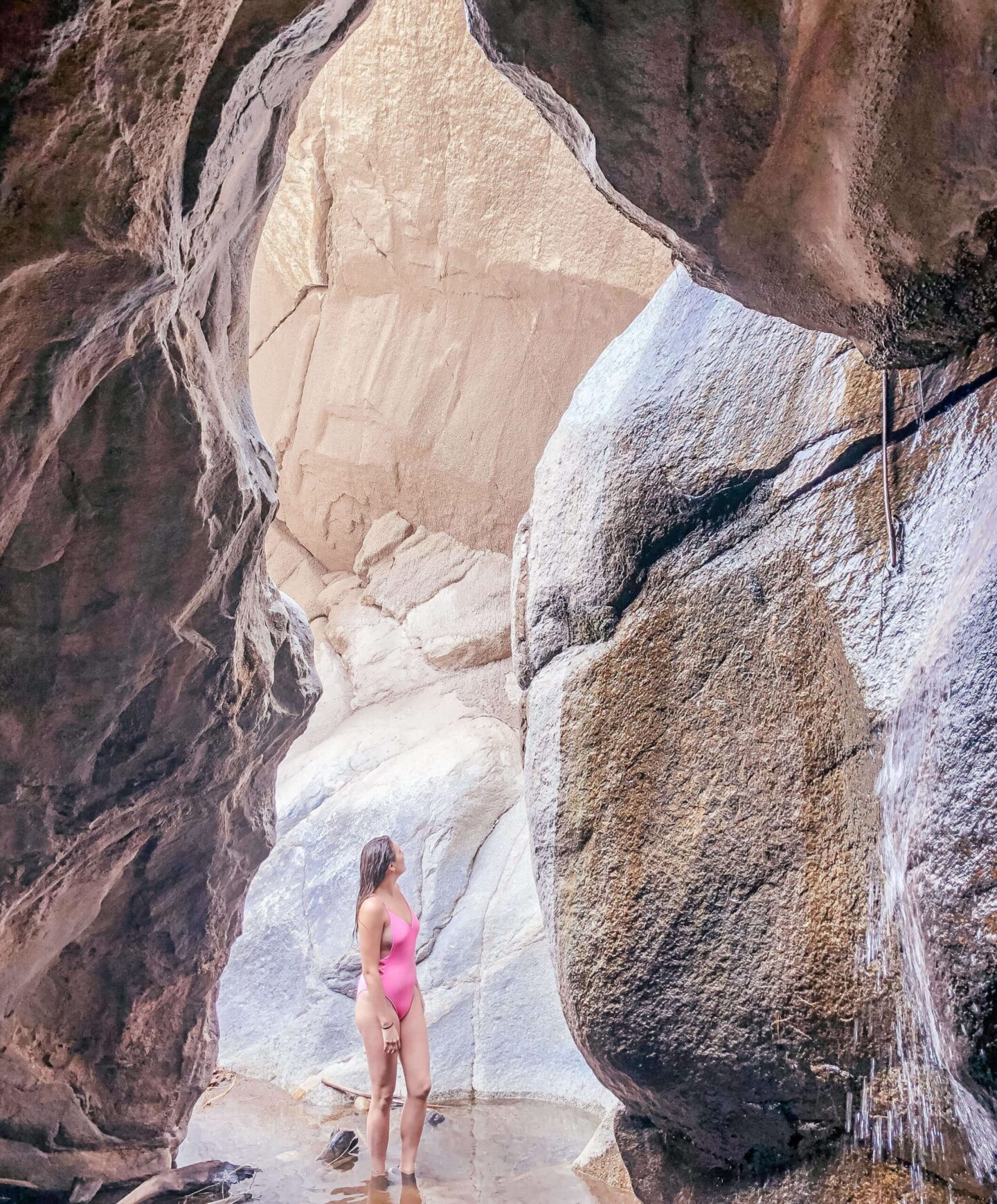 A girl in a pink bathing suit looks up at a canyon while hiking through Indian Canyon Trails in Palm Springs