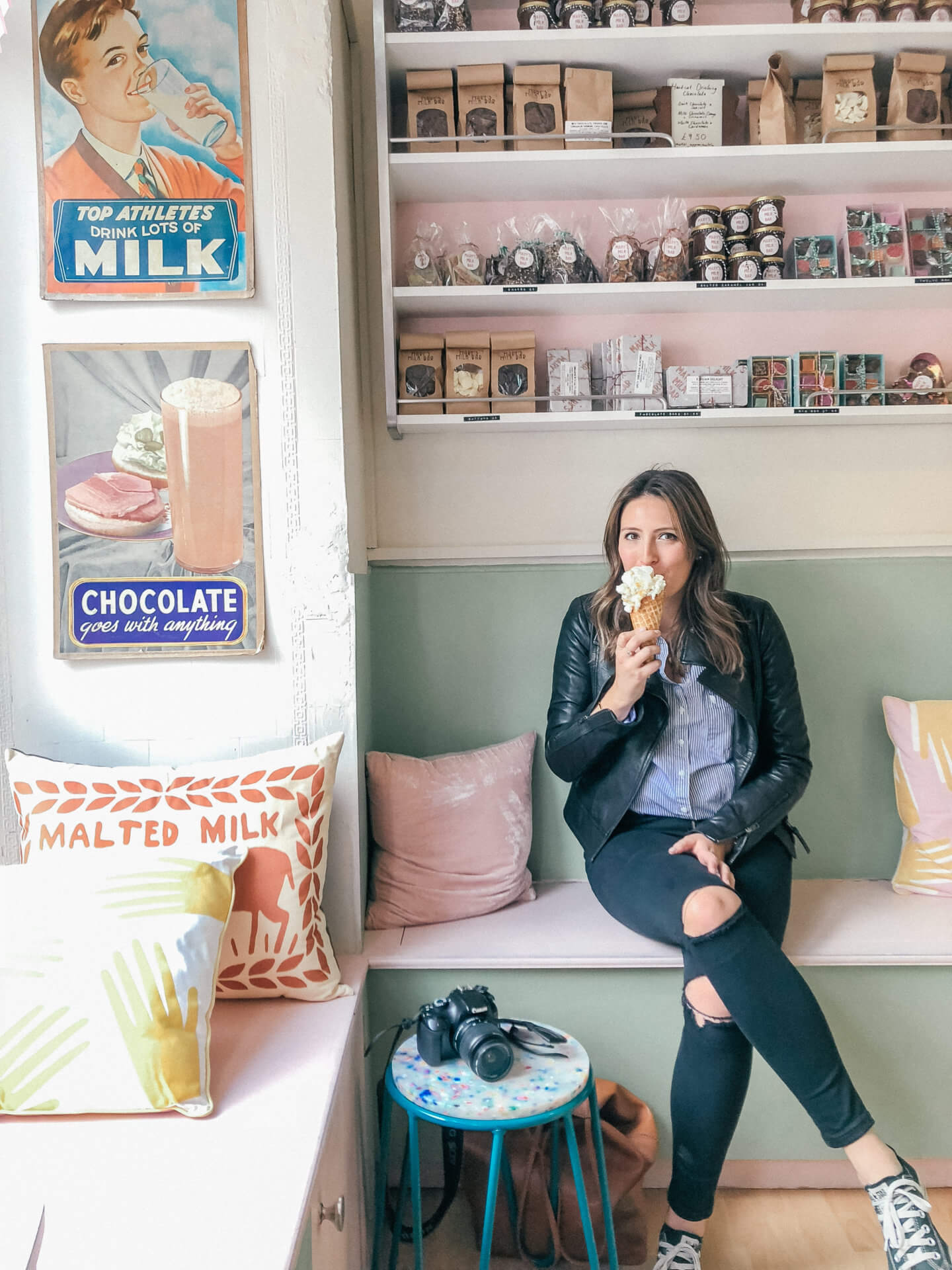 Where to eat in Edinburgh - Girl eating ice cream at Mary's Milk Bar