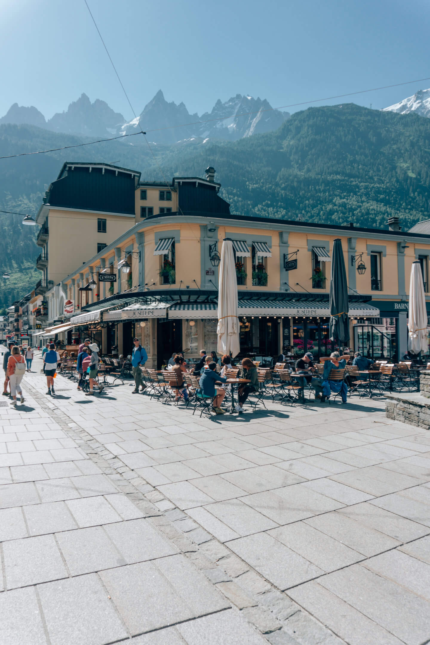 The charming town of Chamonix in the summer, sits in the valley of Mont Blanc