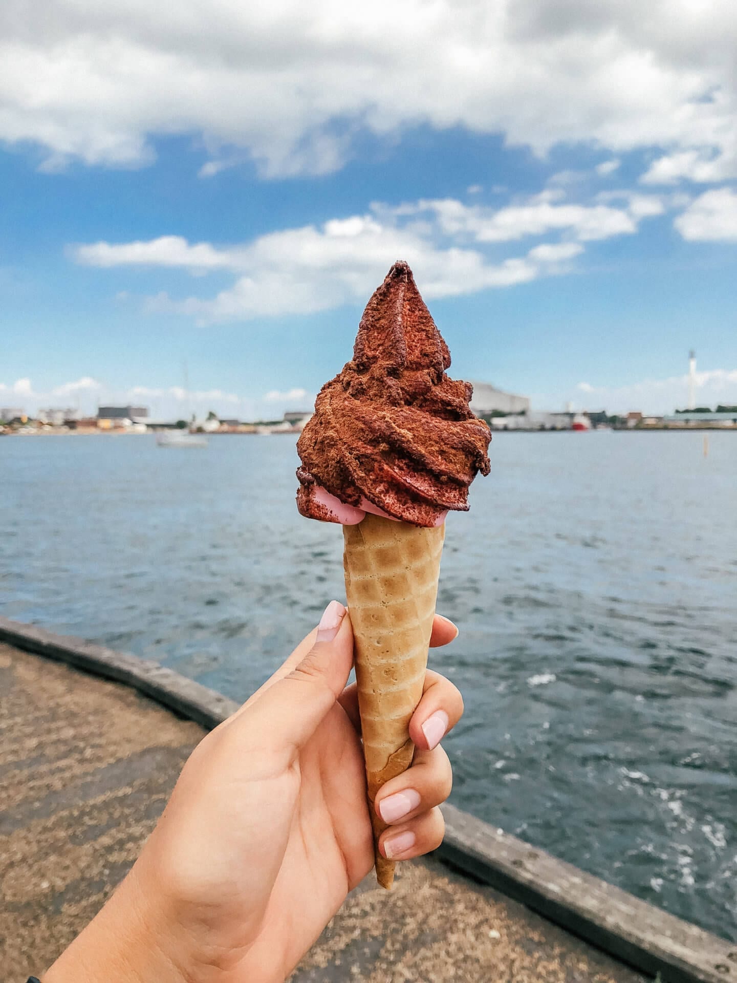 A vanilla strawberry swirl, with chocolate powder soft-serve ice cream in Copenhagen