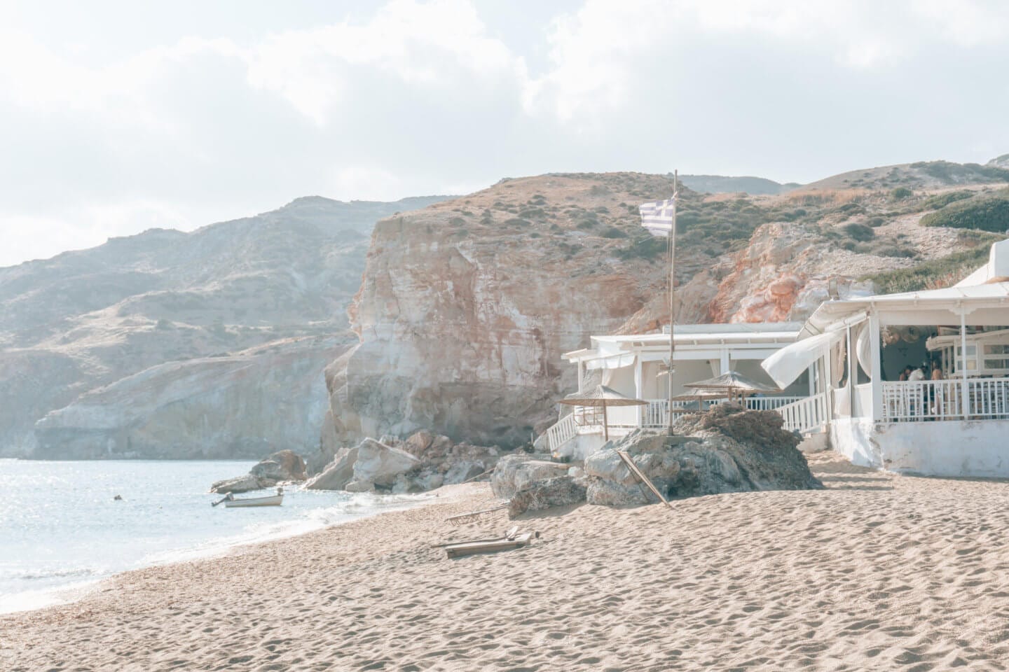 Paliochori Beach restaurant and greek flag