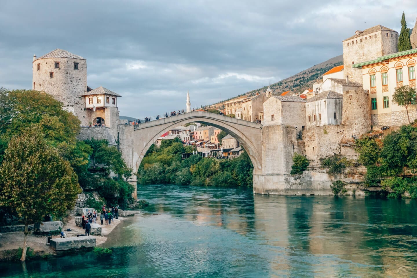 Stari Most Bridge from river platforms in Mostar