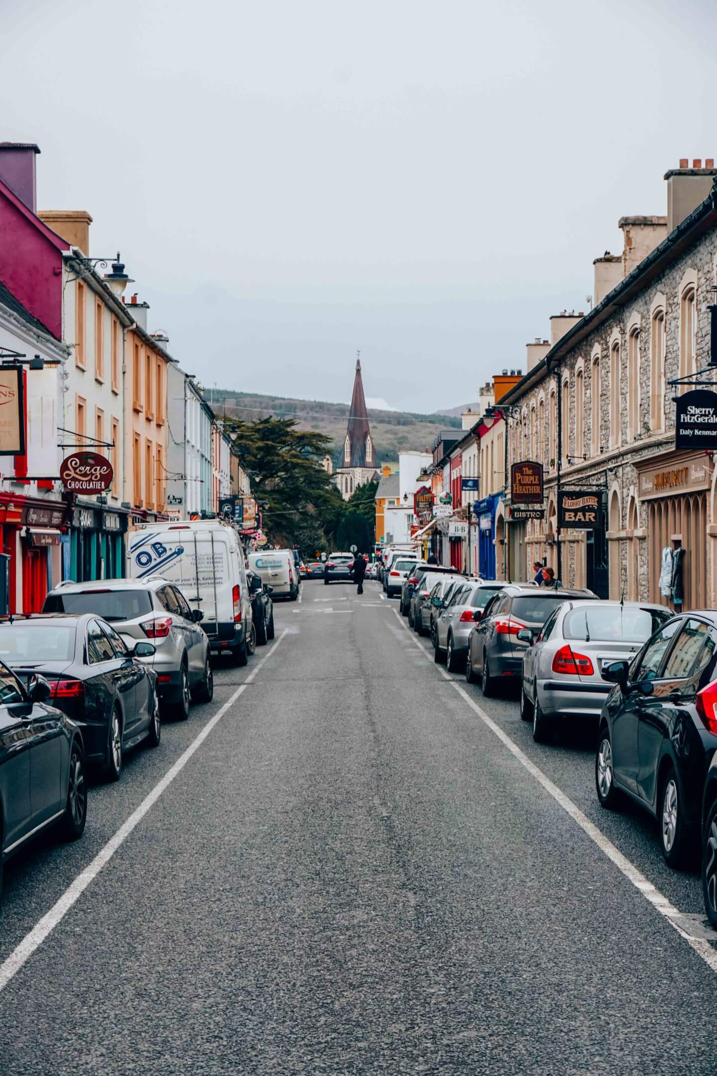 Long colourful street of Kenmare in Ireland