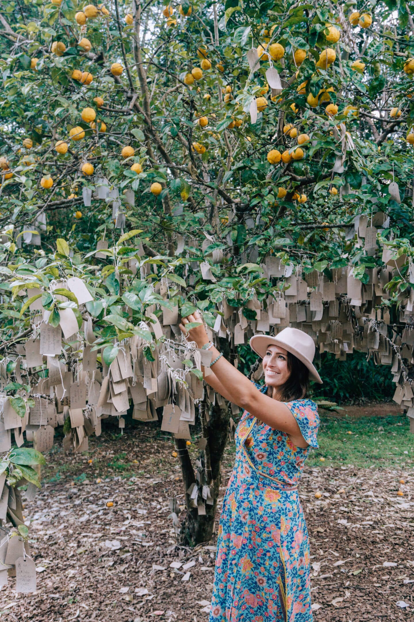 A girl in a hat ties up her manifestation wishes on the gratitude tree at Crystal Castle