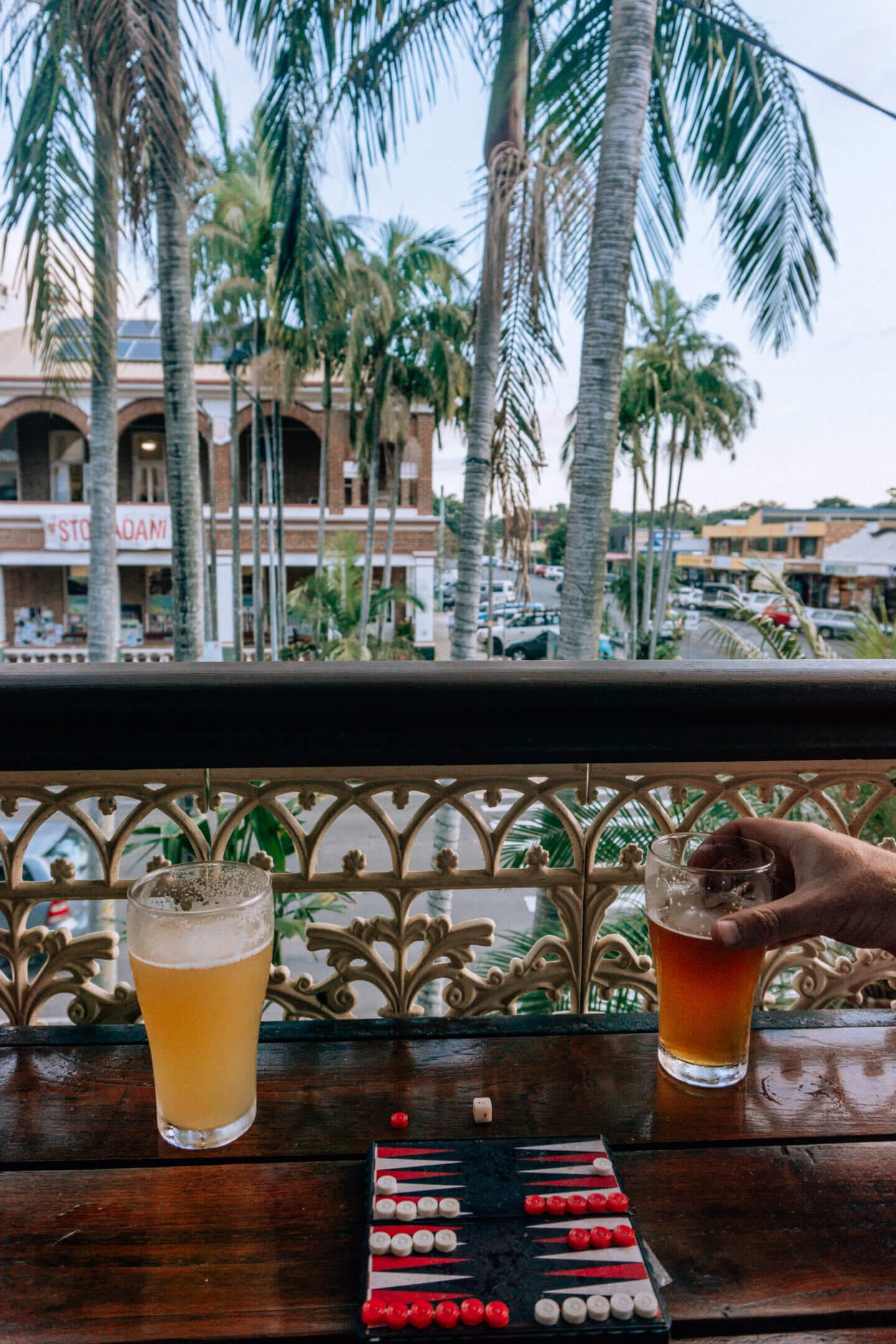 Two beers and backgammon at the Mullumbimby Middle Pub top balcony