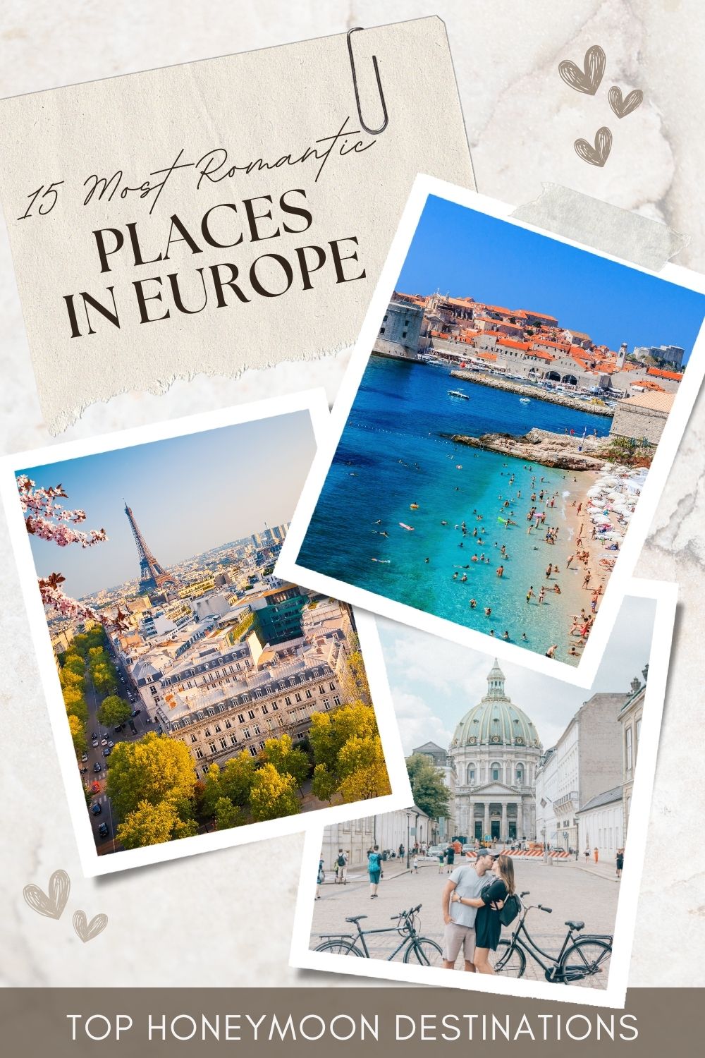 Most Romantic Places in Europe Boho scrapbook style Pin with three photos 