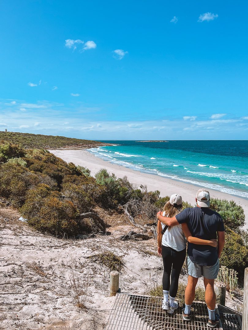 A couple looks out to the beach at Lincoln National Park