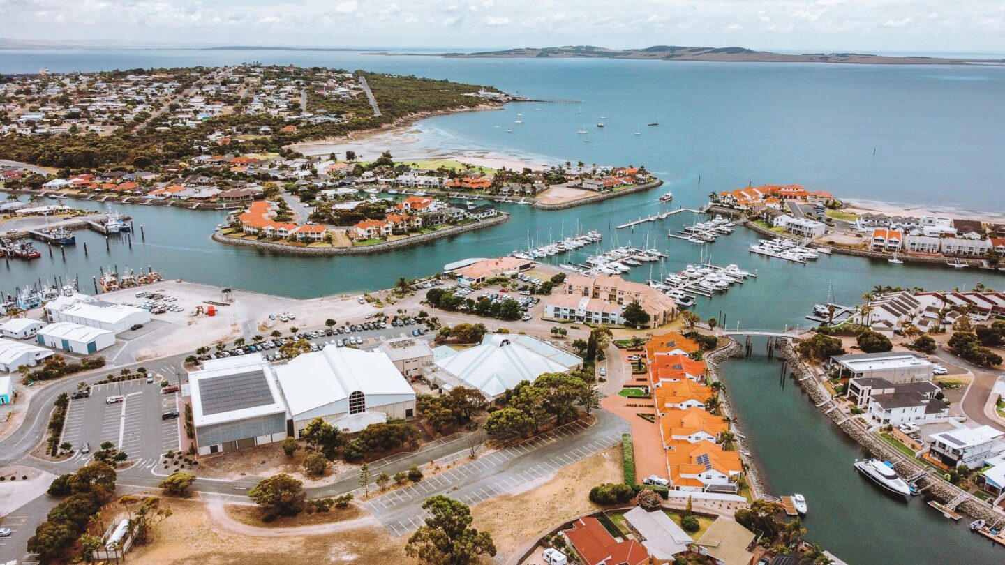 Houses and boats at the Port Lincoln Maria area from above