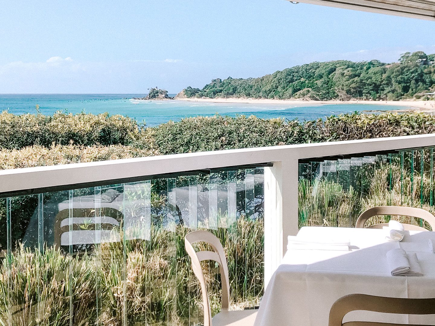 The incredible ocean views and  at the Beach Restaurant, one of the best restaurants in Byron Bay