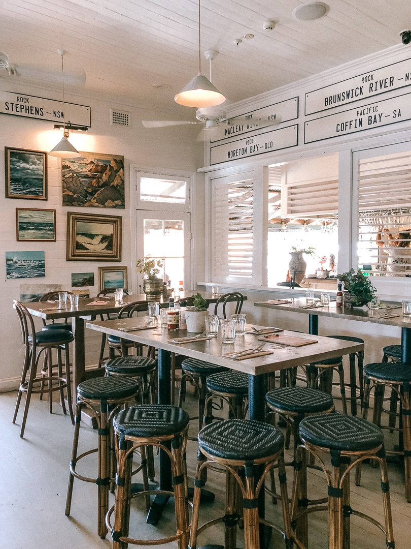 The white and bright coastal interiors of The Balcony Restaurant in Byron Bay