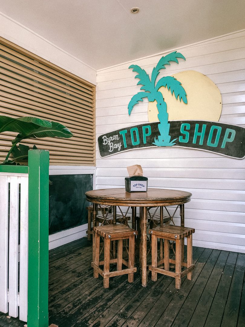 The famous vintage Top Shop sign at the cafe in Byron Bay