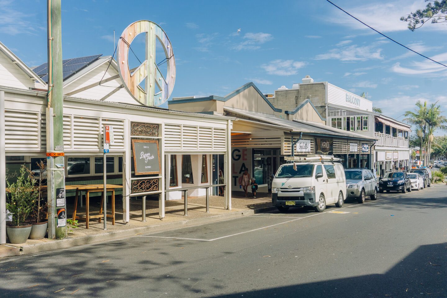 A rainbow peace sign over Byron Fresh Cafe in Byron Bay