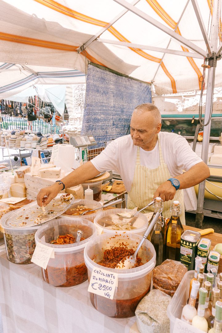 The iconic sandwich man at Ortigia market in Sicily