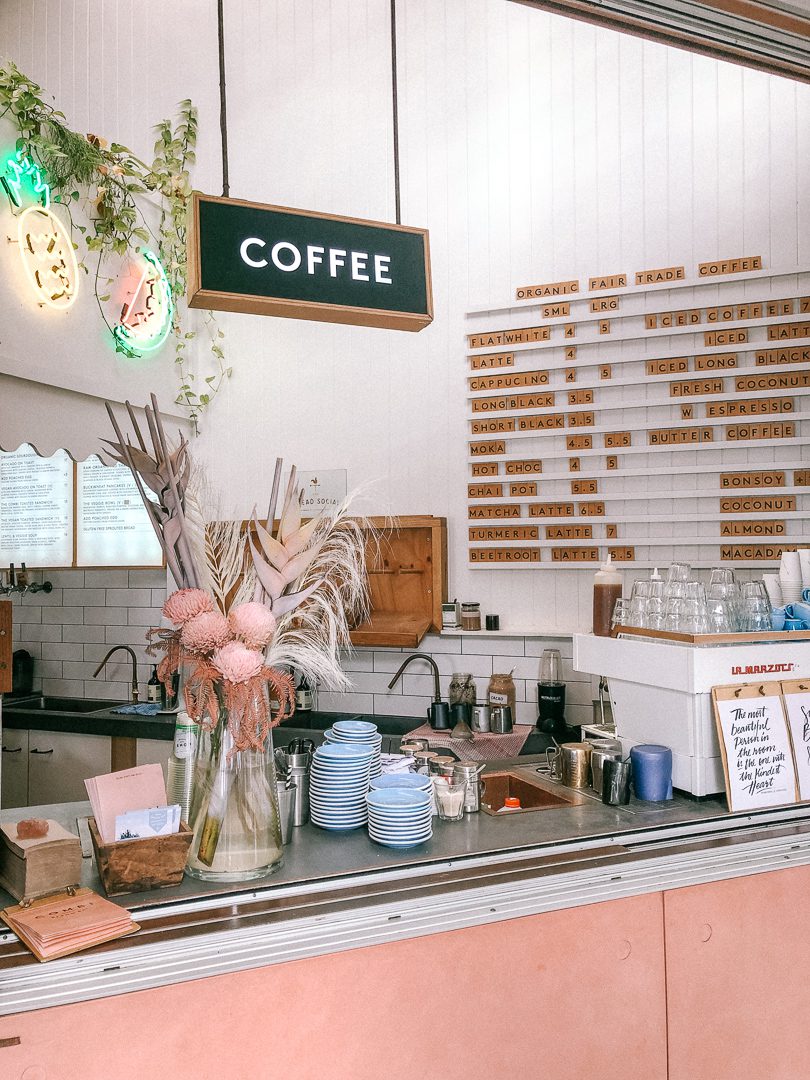 The pink coffee bar and menu board at Combi in Byron Bay, Australia 