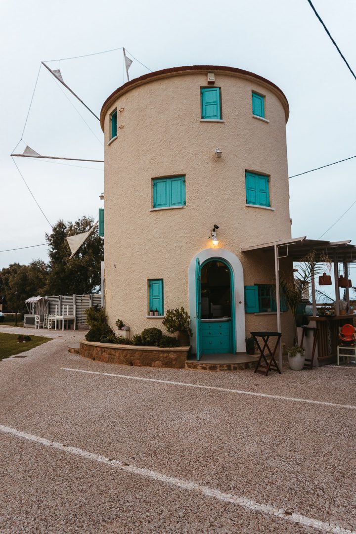 A windmill restaurant in the tranquil village of Stavros.