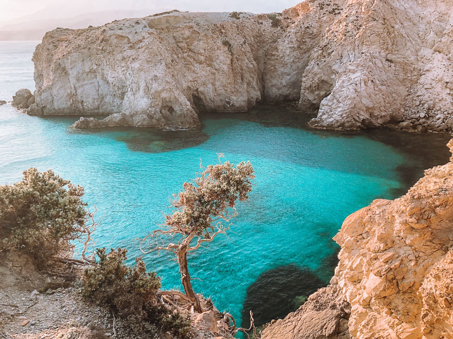 Looking down towards the bright turquoise waters of Tsigrado Beach surrounded by cliffs and cypress trees on Milos Island in Greece.