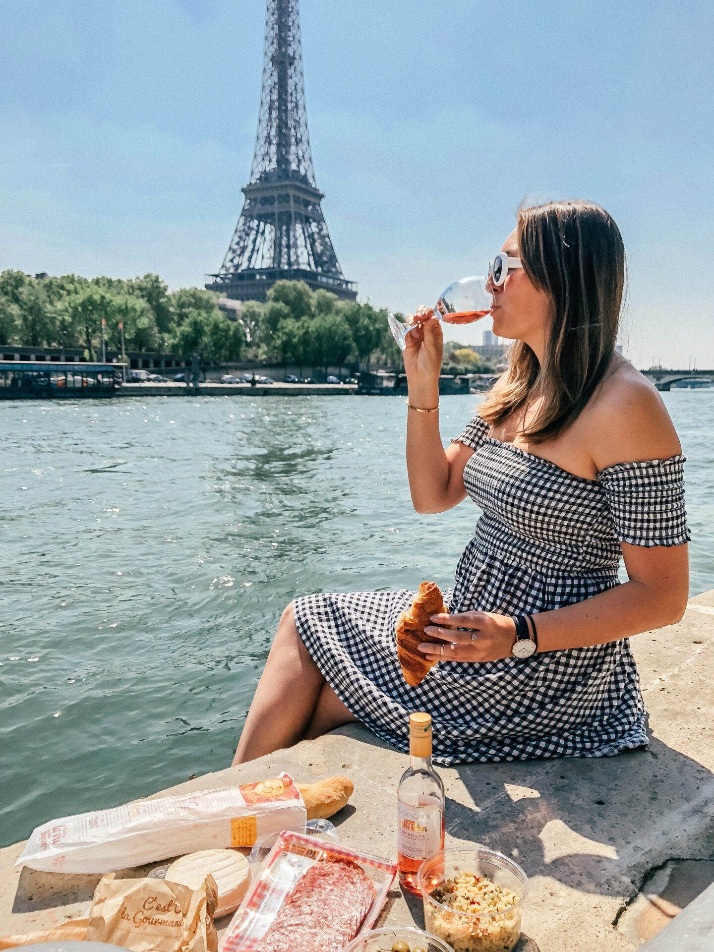 A girl sips rose and has a picnic beside the Seine river, with the Eiffel Tower in the background. 