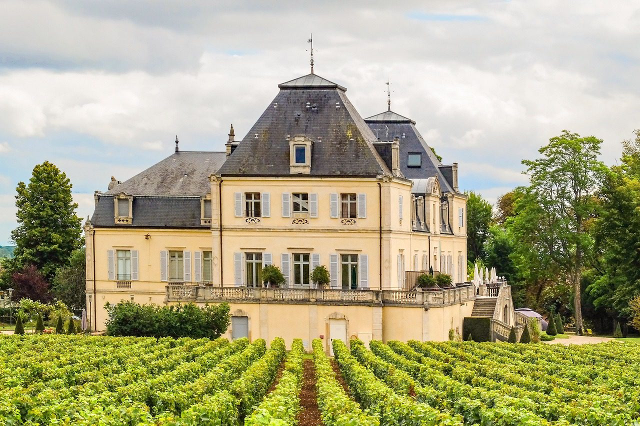 A beautiful french style mansion with surrounding wine vines in Burgundy, France