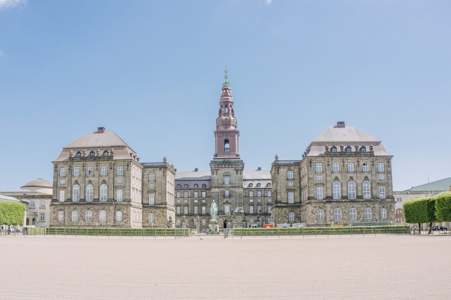 Danish parliament's Christiansborg Palace and massive courtyard gardens in the centre of Copenhagen
