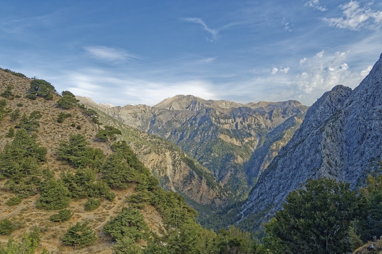 The rugged mountains and dry bush of the Samaria Gorge in Crete; a must-do activity for adventure seekers and nature enthusiasts.