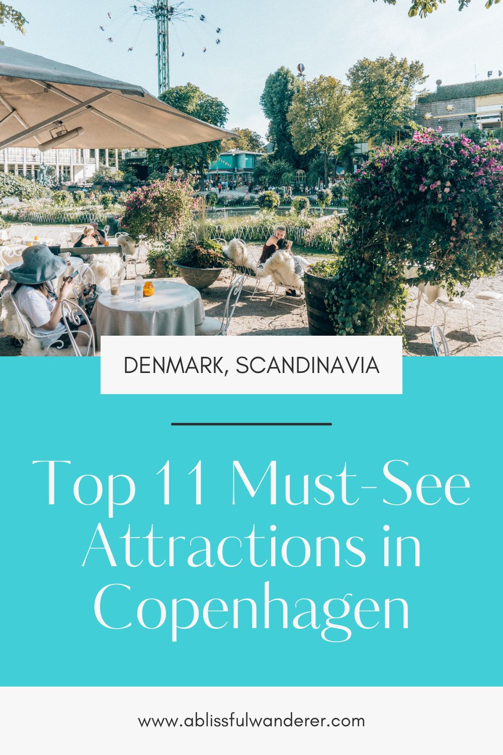 Top 11 Things to Do in Copenhagen pin with a photo of Tivoli Gardens and amusement park