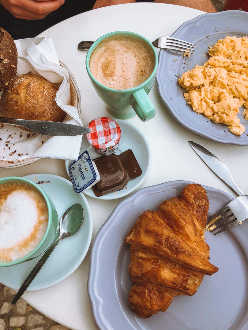 Looking down at a typical European breakfast at La Boulangerie in Lisbon