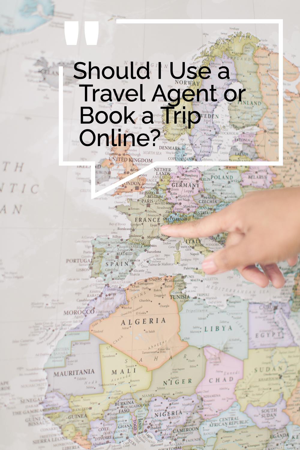 Map with a girl pointing and wondering "Should you use a travel agent or book your trip online?"