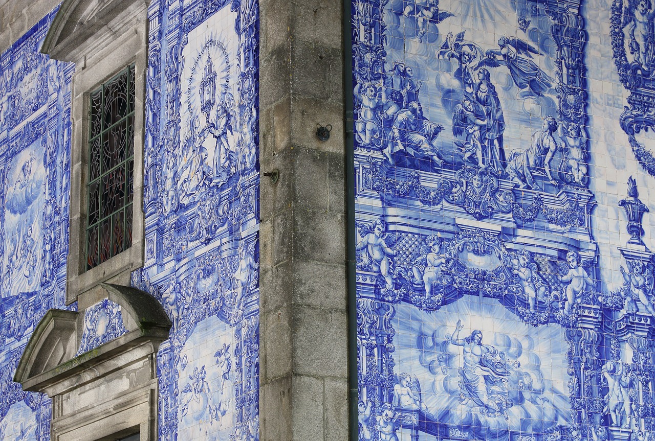The famous blue azulejo tilework you see all over churches, train stations and old buildings in Porto, Portugal