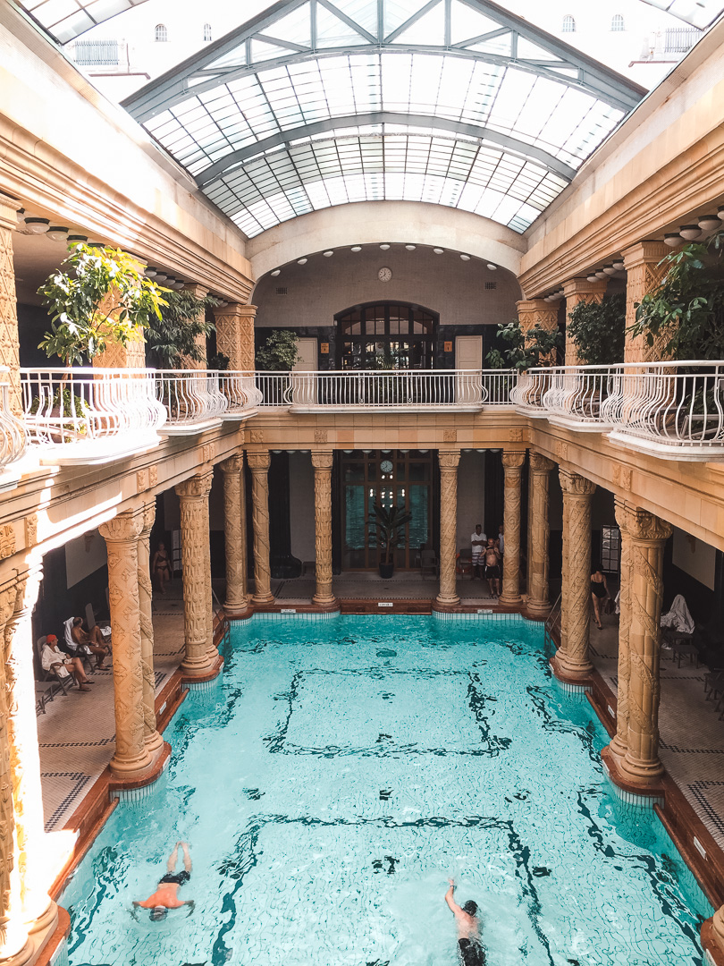 Swimmers do laps at the Rudas Bath house on the Buda side of Budapest city. 