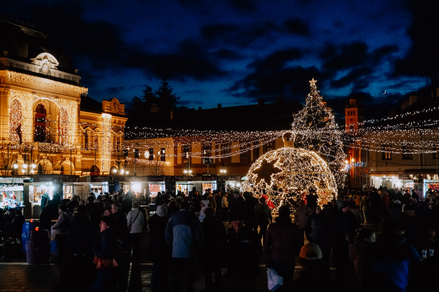 A Christmas tree and lights at the Eger Christmas Market lit up the winter sky in Hungary