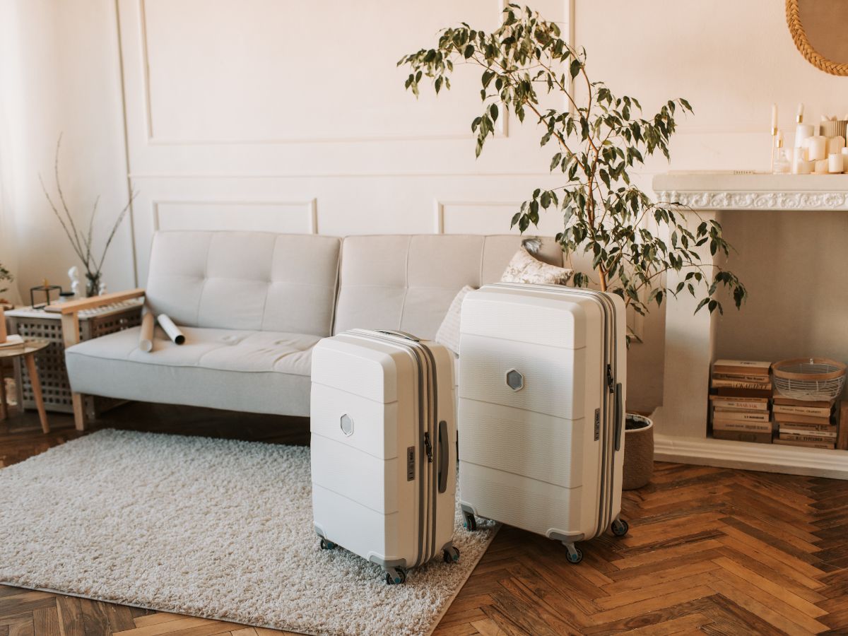 A carry on suitcase and a larger suitcase sit in a living room packed and ready to travel 