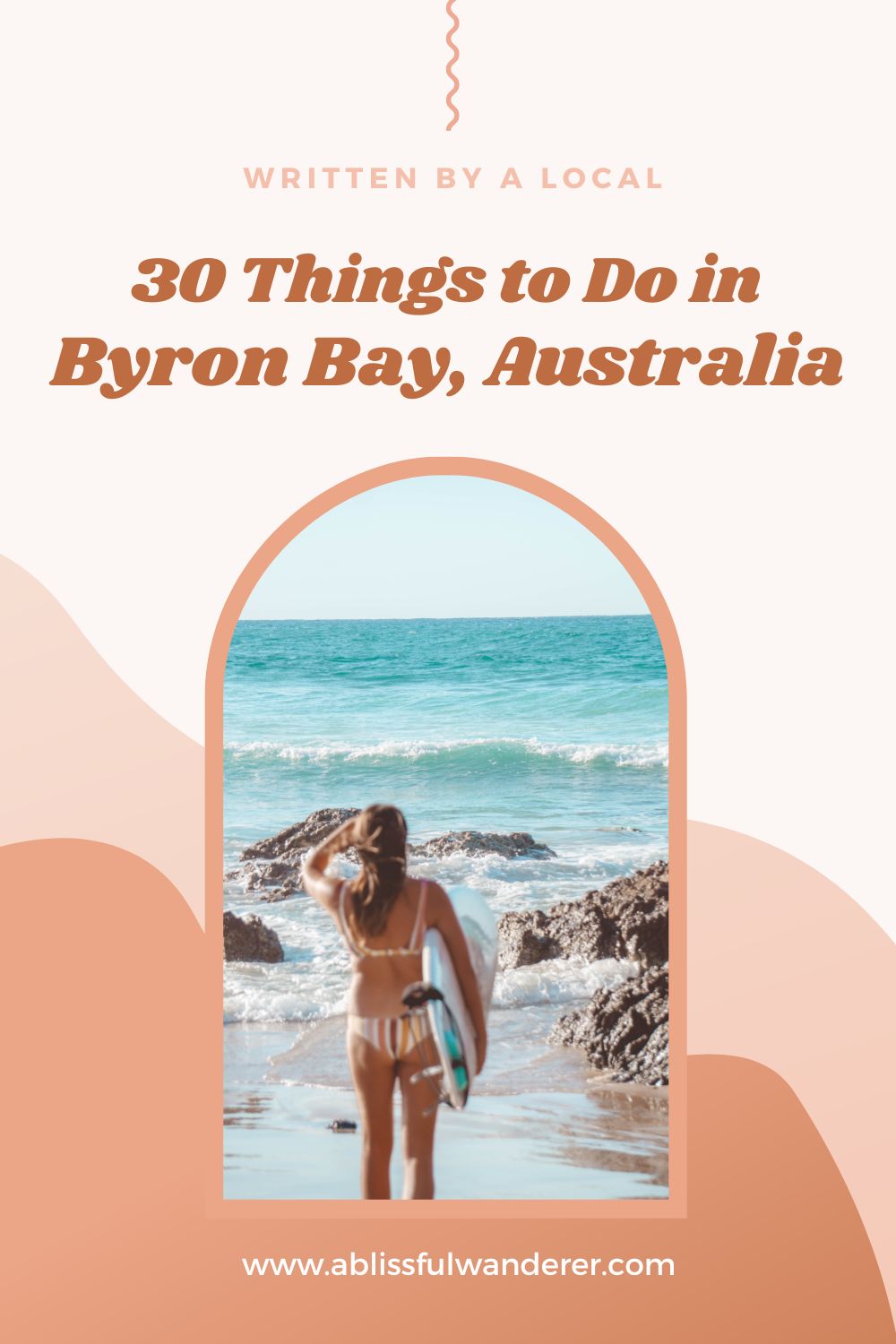 30 Things to Do in Byron Bay, Australia, a girl surfing with a retro feel pin