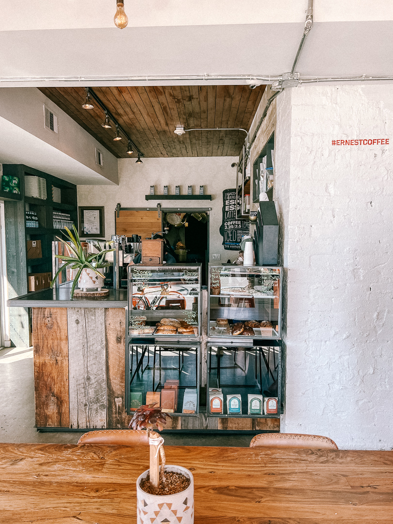 Inside Ernest Coffee Cafe looking at the pastry counter in Palm Springs, California