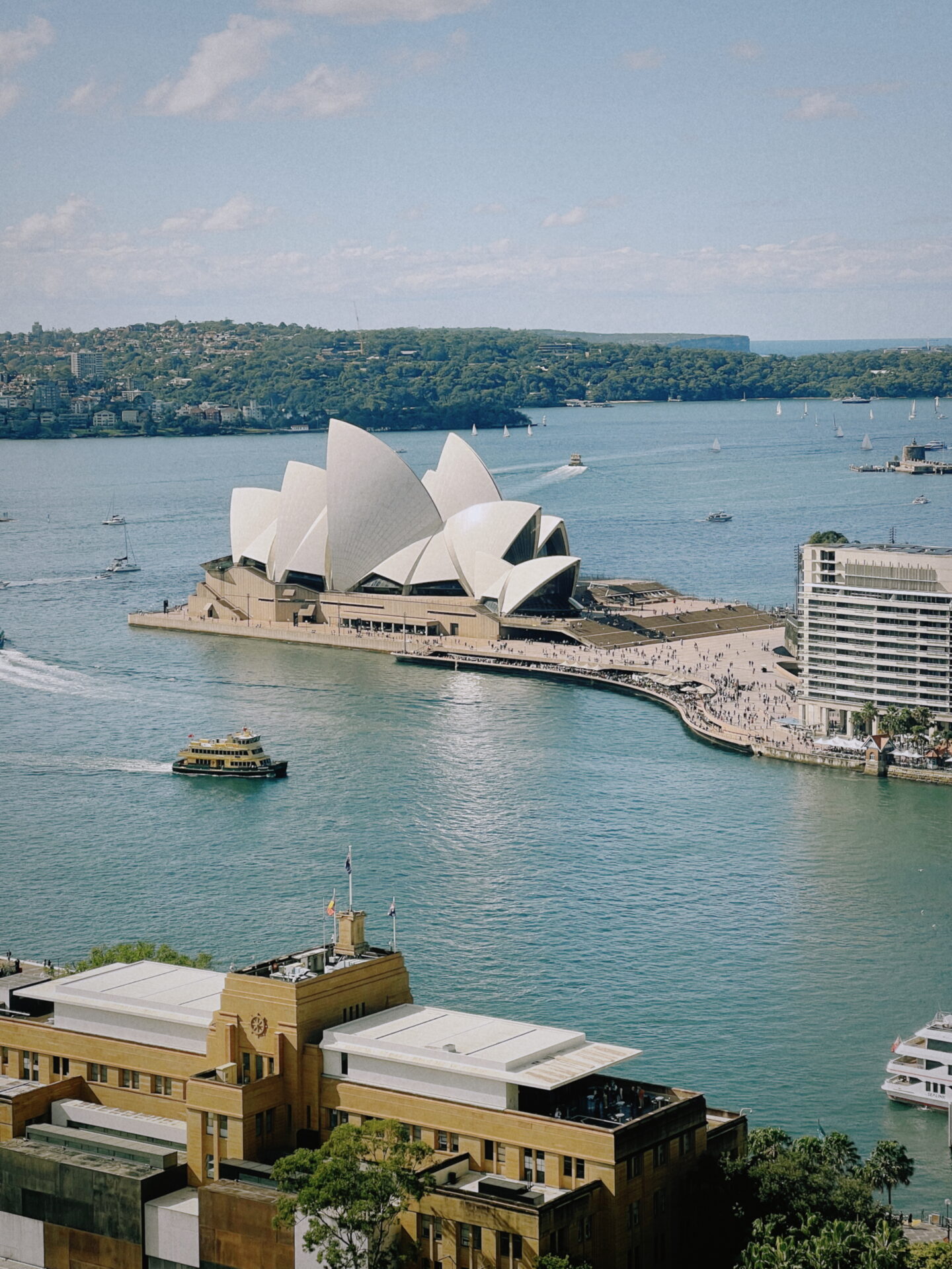 The view looking down at the Sydney Opera House and the harbour from our Shangra-la hotel room during 24 hours in Sydney, Australia