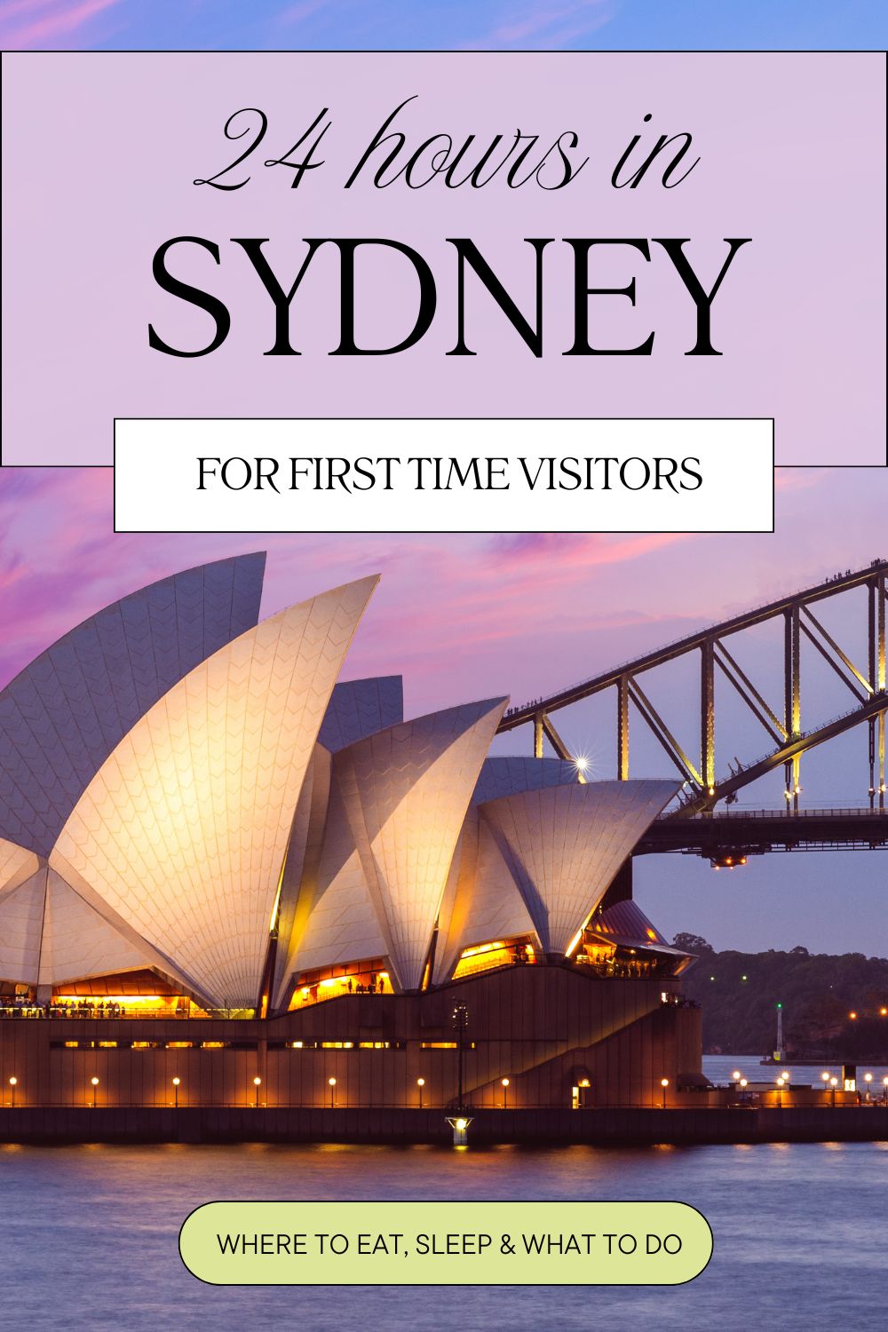 24 hours in Sydney, an itinerary for first time visitors. A picture of the opera house and harbour bridge is shown on the pin