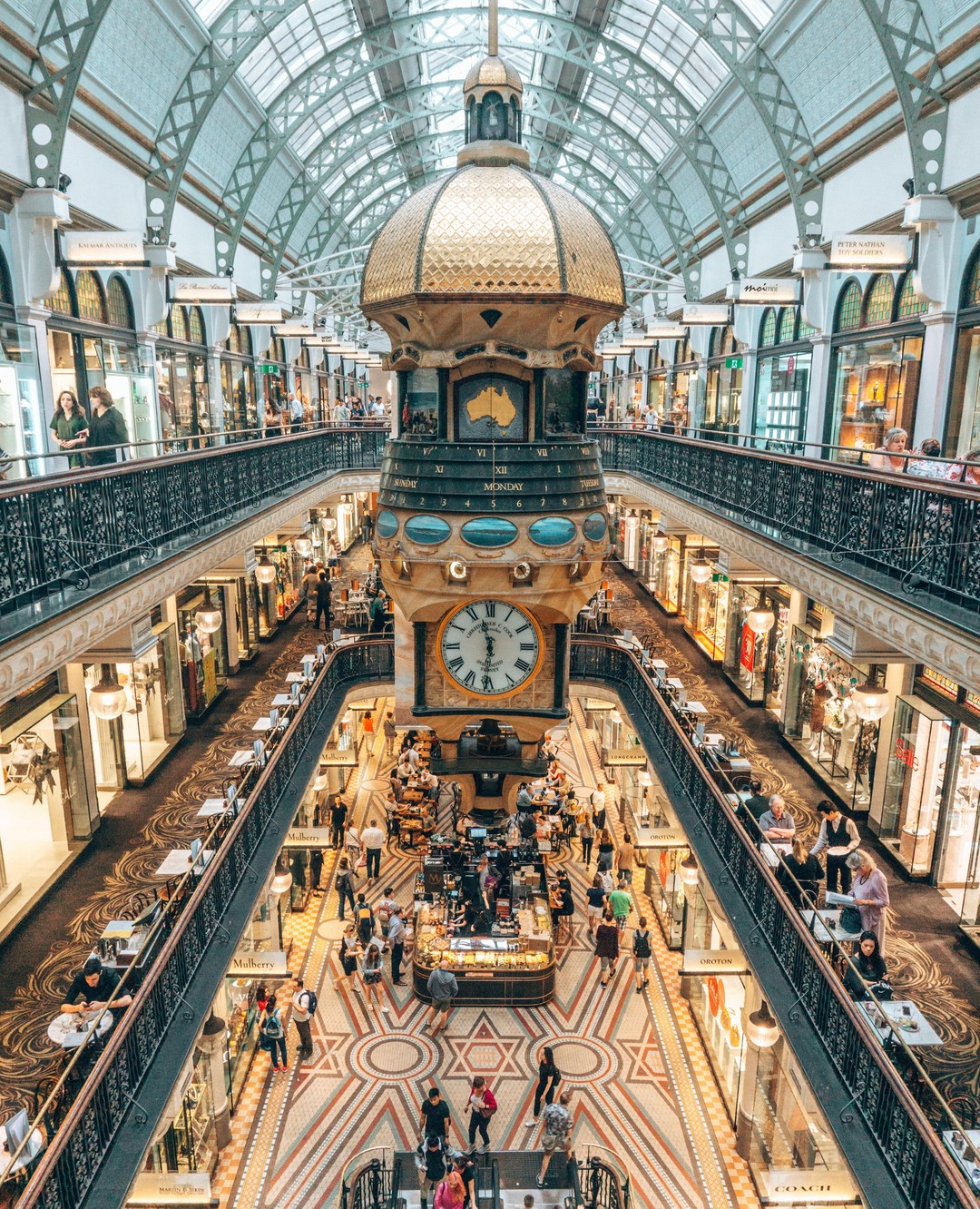 The ornate interiors and clock in the Queen Elizabeth Mall in Sydney's CBD.