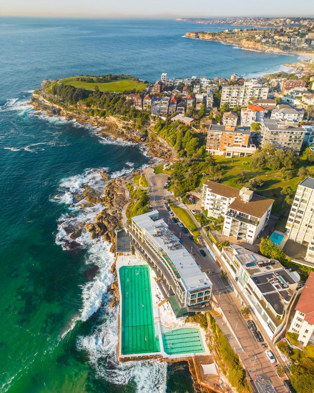 A birds eye view of the Bondi to Coogee Coastal Trail and the Bondi Iceberg pool - a must do while visiting Sydney, Australia.