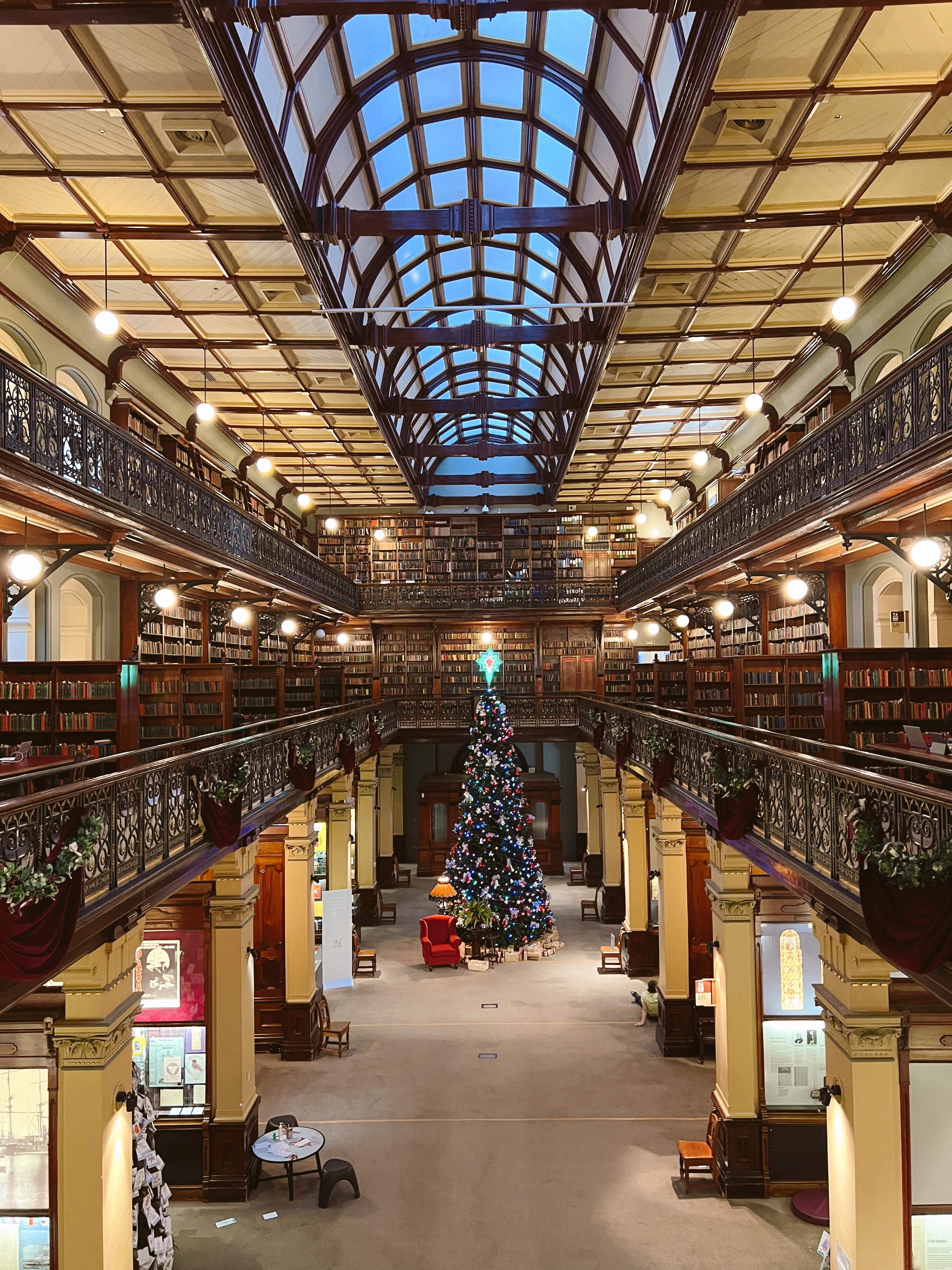 The tallest indoor Christmas Tree in Adelaide sits in the middle of the beautiful, old state library 