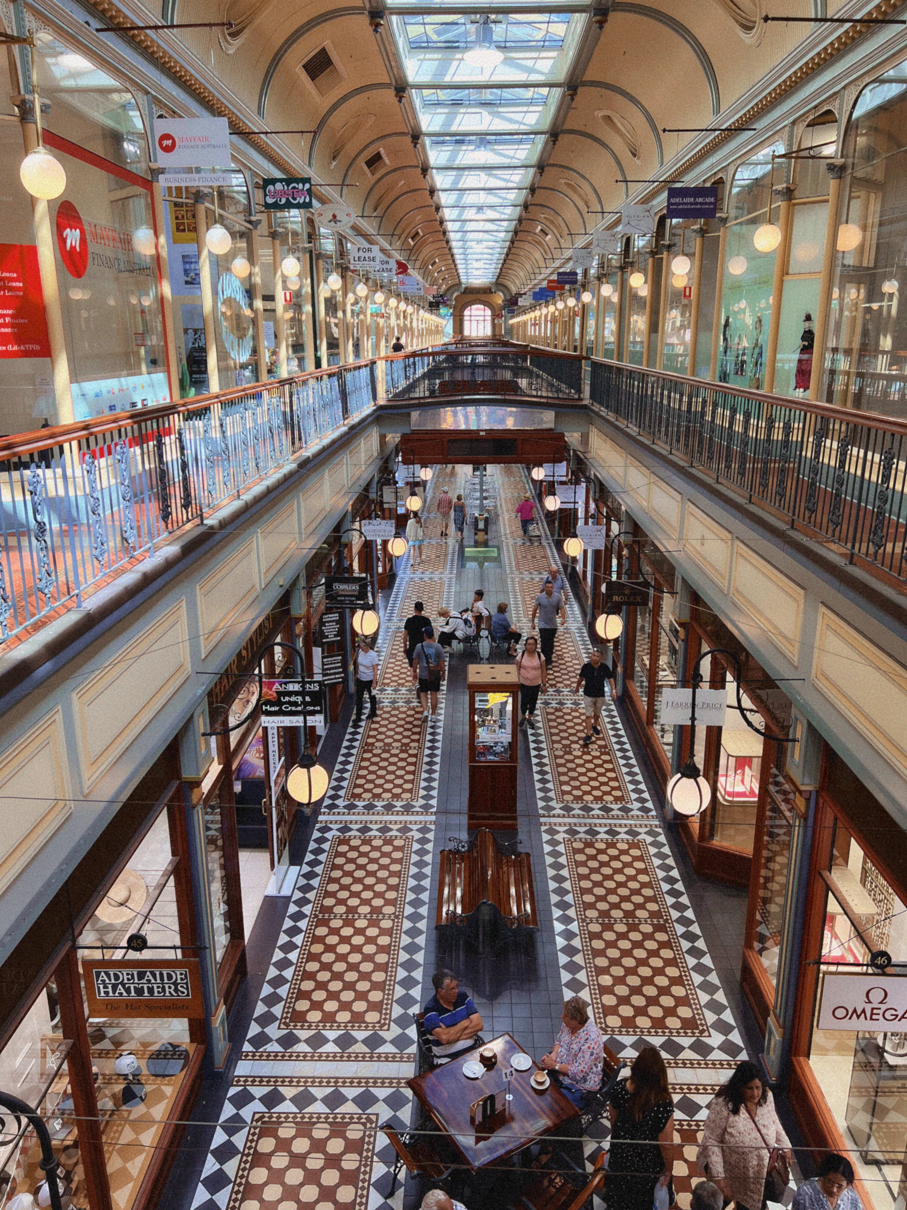 The retro interiors of Adelaide Arcade from the second floor looking down - a great place to shop in the city