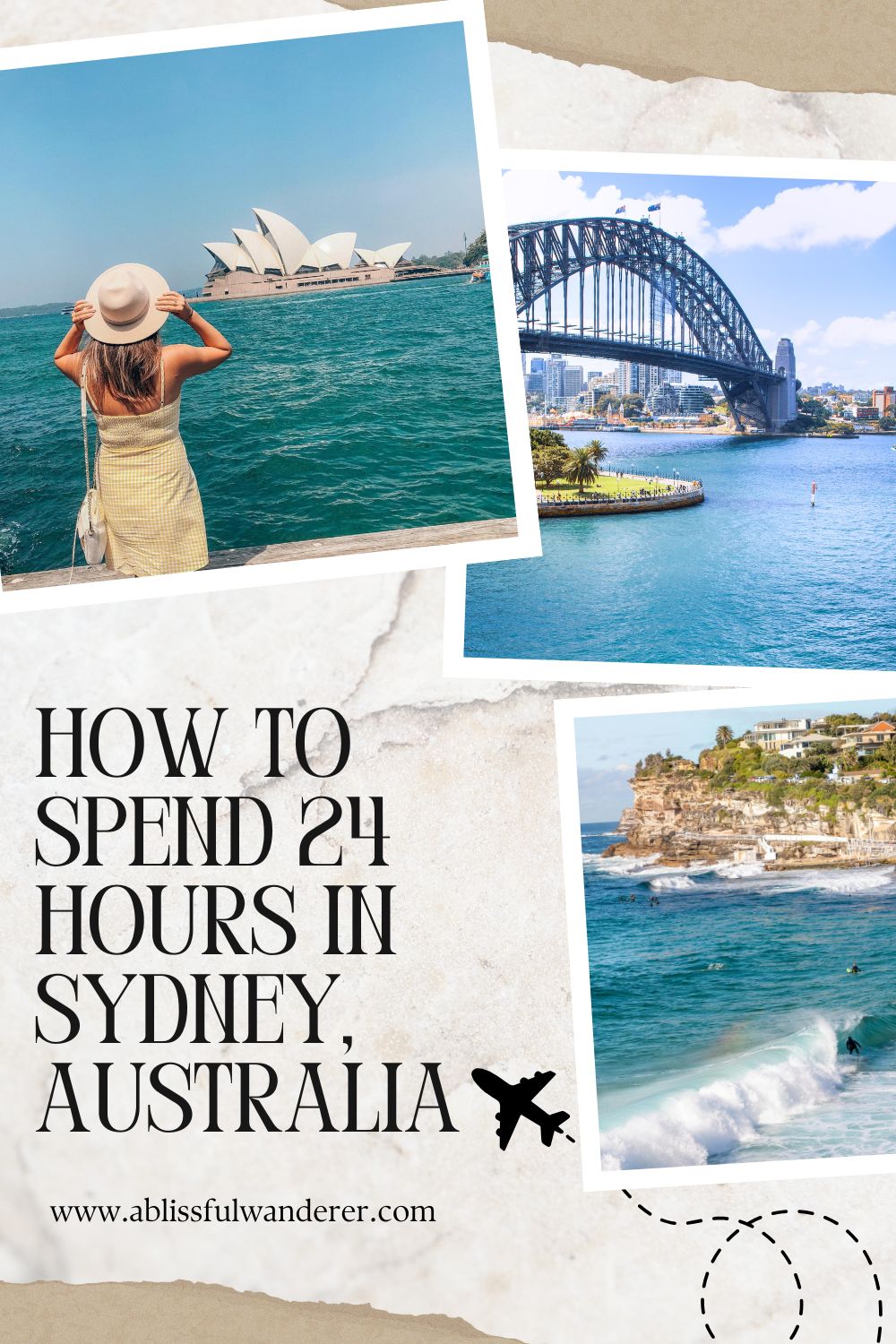 A polaroid collage of pictures of iconic Sydney locations are shown - the Opera House, Sydney Harbour Bridge and Bondi Beach